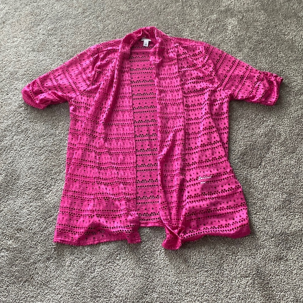 Kim Rogers Pink Eyelet Open Front Cardigan Lightweight Jacket SIZE L